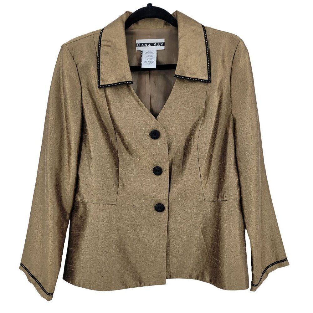 Vintage 80s Single Breasted Blazer 8 Metallic Gold Button Contrast Trim‎ Formal